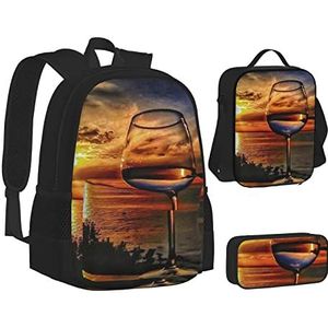 OGNOT Zwart en wit bloemen print school rugzak tieners meisjes jongens schooltassen, lunchtas, etui, lichtgewicht waterbestendig boekentas, Zonsondergang Wijn, Eén maat, Schooltas Set