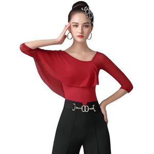 Tytyozay Dames Ballroom Latin Danstop, Asymmetrische Chiffon Cape-stijl Top met Mesh 3/4 Mouwen Oefenoutfit Elegante Eendelige Oefentop voor Waltz Tango Dansen,Rood,L