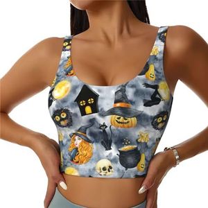 YQTGBCED Grappige Halloween Decor Heks Print Gewatteerde Tanktops met Ingebouwde BH, Perfect voor Yoga, Workout en Hardlopen, Zwart, S