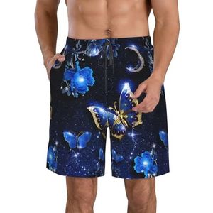 PHTZEZFC Blauwe vlinderprint strandshorts voor heren, zomervakantie, strandshorts, casual, lichtgewicht trekkoord, Wit, S