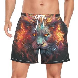 Space Fire Lion Animal Zwembroek voor heren, sneldrogend, met zakken, Leuke mode, XL