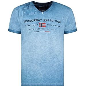 Geographical Norway Jiwash Heren katoenen T-shirt - klassieke Logo T-shirts - Heren V-hals korte mouw Body Wear, Blauw, L