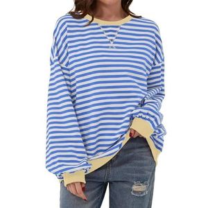 Women Oversized Striped Color Block Long Sleeve Crew Neck Sweatshirt Casual Loose Pullover Y2k Shirt Top (M,Light Blue)