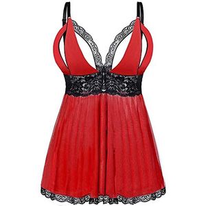 EVELIFE Vrouwen Sexy Plus Size Babydoll Jurk Kanten Babydoll Lingerie Chemise Nachtkleding Lingerie Set met G-String(Rood, L)