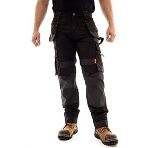 Juicy Trendz Werkbroek voor heren, utility en veiligheidsbroek met meerdere zakken voor gereedschapshouder, cargostijl, werkkleding broek met kniebeschermers, Zwart, 36W / 32L