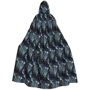 Bxzpzplj Blauw en goud kwallen mantel met capuchon voor mannen en vrouwen, volledige lengte Halloween maskerade cape kostuum, 185 cm