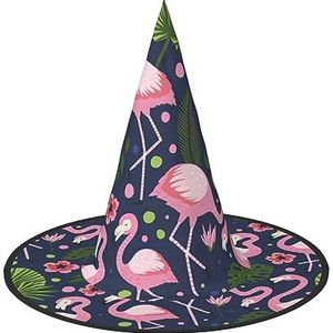ZISHAK Roze flamingo en bladeren Halloween heksenhoed voor vrouwen,ultieme feesthoed voor het beste Halloween-kostuumensemble