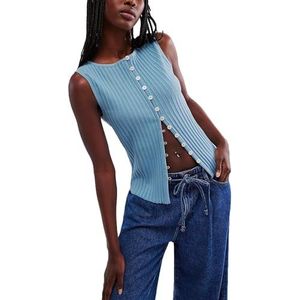 Vrouwen gehaakte dikke gebreide top mouwloze button down crop tops trendy vest trui vest for vrouwen(Blue A,Medium)