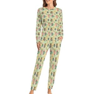 Kevers Geel Zachte Dames Pyjama Lange Mouw Warm Fit Pyjama Loungewear Sets met Zakken 6XL