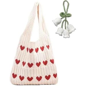 Gehaakte draagtassen for dames met gebreide hanger Leuke draagtassen Hartvormige strandhandtassen Breitassen Liefde Hobo-tassen (Color : White, Size : Onesize)