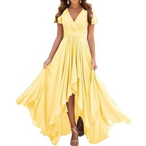 Prinses Bruidsmeisjes Jurken Flutter Mouw Galajurken Chiffon Formele Avondfeest Maxi Jurk met Split ZM209, Geel, 32