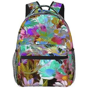 DOFFO Reisrugzak met gekleurde bloemenprint, licht, casual, laptop-dagrugzak, schattige wandelrugzak, tas voor dames en heren, zwart, eenheidsmaat, zwart, Eén maat