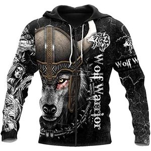 Viking Wolf Warrior 3D All Over Gedrukte Heren Hoodies, Unisex Herfst Losse Wolf Zip Pullover Jacket