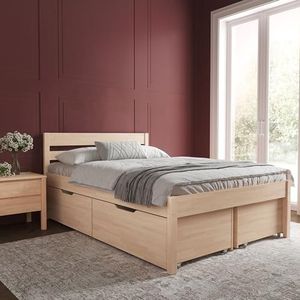 160x200 cm houten bed met hoofdeinde - Triin Scandi Style hoogslaper met lattenbodem incl. lattenbodem 3 opbergladen - Natuurlijke kleur - Draagvermogen 350 kg