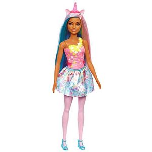 Barbie Dreamtopia Eenhoorn Pop (blauw en roze haar), met rok, verwijderbare eenhoornstaart en hoofdband, speelgoed voor kinderen van 3 jaar en ouder, HGR21