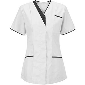 Yiiquanan Vrouwen Gezondheidszorg Tuniek V-hals Ademend Korte Mouw Werken Uniformen Top voor Zorg en Sanitaire Werknemers, Wit | Stijl #1, S