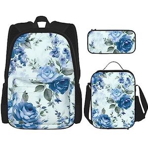 3 stuks blauwe uil rugzak set, verstelbare schoudertas set met lunchbox etui, Blauwe Bloemen Patroon Rozen, Eén maat, Rugzakken