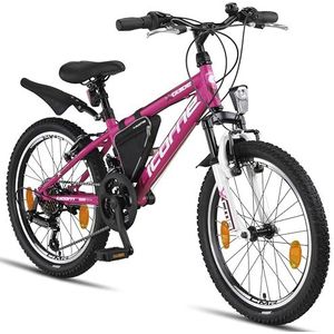Licorne Bike Guide Premium mountainbike in 20 inch, fiets voor meisjes, jongens, heren en dames, 18 versnellingen, roze/wit