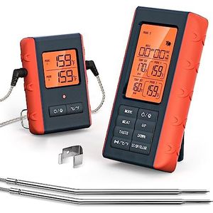 Cankypu Draadloze vleesthermometer met 2 steunen voor het grillen van keukenvoedseookthermometer Digitale vleesthermometer Draadloos voor rokeroven Buitengrill BBQ-accessoires 100M / 328ft afstandsber