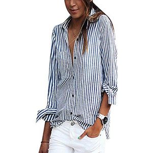 Gestreepte blouse voor dames, elegant, blouse, button-down, lange mouwen, top, blauw/wit, M