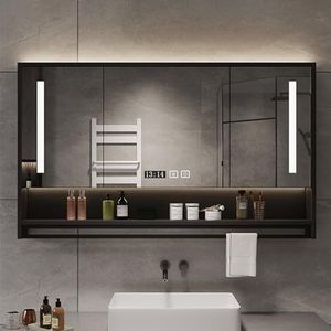 FVTVHEV Spiegelkast badkamer met verlichting, 3-deurs opbergkast, badkamerspiegelkast Met handdoekenrek en touch-schakelaar, Ontwasemingsfunctie spiegelkast (Color : Black, Size : 100x75x12cm)