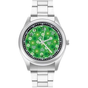 Groene Harten Klaver En Bloemen Heren Roestvrij Stalen Horloges Quartz Horloge Gemakkelijk te Lezen Custom Gift voor Papa Vriend