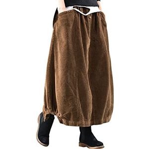 Bigassets Dames Vintage Lange enkellengte Corduroy rokken met elastische taille Brown Fleeced