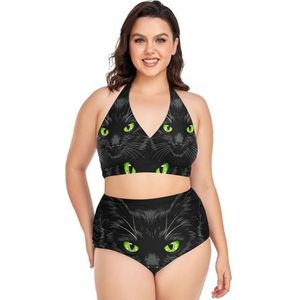 Cartoon Zwarte Kat Kitten Vrouwen Bikini Sets Plus Size Badpak Twee Stukken Hoge Taille Strandkleding Meisjes Badpakken, Pop Mode, 3XL