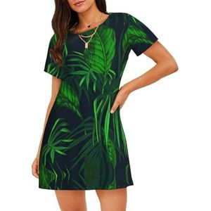 GXUNGT Groene tropische jungle plant print dames zomer gewaad, korte mouwen nachtkleding, zacht en comfortabel, voor thuis en buiten, Zwart, S