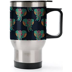 Kleurrijke Indiase olifant reizen koffiemok met handvat en deksel roestvrij staal auto beker dubbelwandige koffiemokken