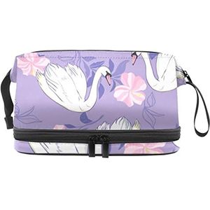 Grote capaciteit reizen cosmetische tas,Witte zwaan paarse bloem,Make-up tas,Waterdichte make-up tas organisator, Meerkleurig, 27x15x14 cm/10.6x5.9x5.5 in
