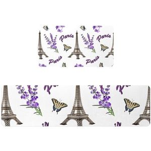 VAPOKF 2 stuks keukenmat Eiffeltoren lavendel en vlinders, antislip wasbaar vloertapijt, absorberende keukenmat loper tapijt voor keuken, hal, wasruimte