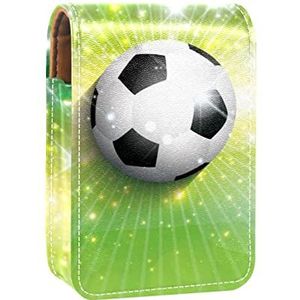 Lipgloss Houder Lipstick Case Draagbare Mini Lipstick Opbergdoos Reizen Lipstick Organizer Case met Spiegel voor Vrouwen Voetbal Glanzende Groene Achtergrond, Meerkleurig, 9.5x2x7 cm/3.7x0.8x2.7 in