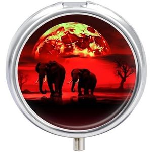 Rode Volle Maan Olifanten Pil Doos Waterdichte Draagbare Geneeskunde Pil Case Vochtbestendig Metalen Reizen Pillendoos met 3 Compartimenten Geneeskunde Case