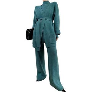 MLSHWUG Dames Dikke Warme Afslankende Basislaag Trui Vest Wijde Broek Gebreide 3-Delige Set,Blauw,One Size
