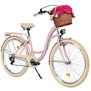MILORD Damesfiets, stadsfiets, comfort, met rieten mand, Hollandfiets, vintage, 26, 28 inch, 7 versnellingen (roze-crème, 71 cm)