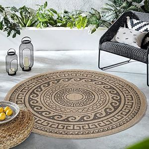 HomebyHome Binnen en buiten, weerbestendig, rond, 120 cm, zwart, sisal en jute-look, balkontapijt, waterdicht, tapijt keuken, wasbaar Greek design, camping, tuin, terras, buitentapijt