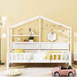 Idemon Kinderbed, 90 x 200 cm, slaapbank van massief hout met plezierdak en veiligheidsrooster, jongens- en meisjesbed (wit)