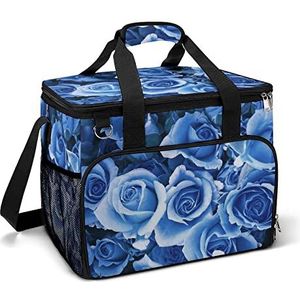 Blauwe roos bloem grappige koeltas opvouwbare draagbare geïsoleerde zakken lunch draagtas met meerdere zakken voor strand, picknick, camping, werk