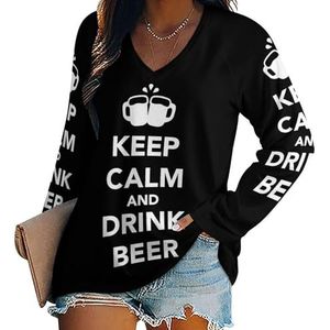 Keep Calm And Drink Beer Dames Casual T-shirts met lange mouwen V-hals bedrukte grafische blouses Tee Tops XL