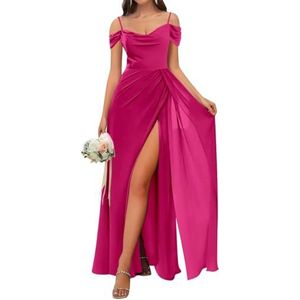 WSEYU Chiffon Bruidsmeisjes Jurken Spaghetti Bandjes Prom Jurken Koude Schouder Formele Avond Party Gown ZM202, Fuchsia, 32