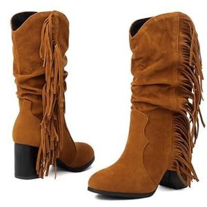 Dames Western Cowboy Laarzen Retro Kwastjes Halve Laarzen Met Blokhak Klassieke Suède Instappers Herfst Winter Warme Snowboots Antislip Rubberen Laarzen for Gebruik Buitenshuis(Brown,41 EU)