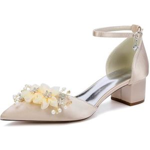 EICOFF Dames Chunky Blokhak Trouwpumps Vrouwen Puntige Satijn Jurk Sandalen Gesloten Teen Enkelriem Bruiloft Bruid Party Schoen,Champagne,35 EU