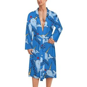 Blauwe Narwal herenmantel zachte badjas pyjama nachtkleding loungewear ochtendjas met riem 2XL