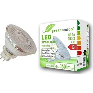 greenandco® CRI97+ 2700K 110° LED-spot vervangt 25W GU5.3 MR16, 6W 360lm warm wit 12V AC/DC, flikkervrij, niet-dimbaar