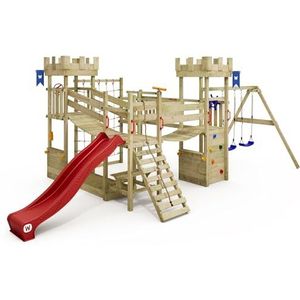 WICKEY Speeltoren ridderkasteel Smart Arch met schommel en rode glijbaan, outdoor kinderklimtoren met zandbak, ladder en speelaccessoires voor de tuin