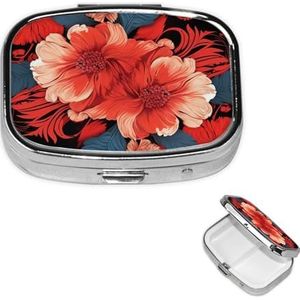 Rood Bloemmotief Pil Case Draagbare Vierkante Pillendoos 2 Compartiment Pil Organizer Leuke Reizen Pil Container Vitamine Organizer voor Portemonnee Zak Reizen Gift