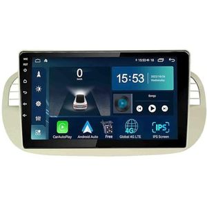 Android 14.0 2 Din Autoradio 9"" Touchscreen Auto Stereo voor Fiat 500 2007-2015 met Draadloze Carplay Android Auto GPS navigatie AHD Omgekeerd beeld Stuurwielbediening(White,S-3(4G+32G))