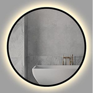 Ronde LED-badkamerspiegel - Metalen frame LED-verlichte make-upspiegel for aan de muur, aan de muur gemonteerde spiegel, IP44-geclassificeerd(Color:Svart,Size:60cm-Warm Light)