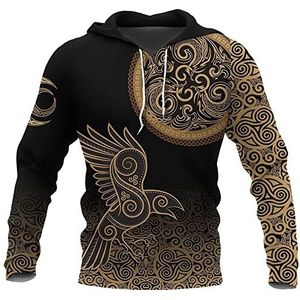 Heren Nordic Celtic Raven Totem Hoodie, Viking Knot 3D Gedrukt Casual Lange Mouw Sweatshirt, Outdoor Losse Middeleeuwse Harajuku Korte Mouw Jas Streetwear